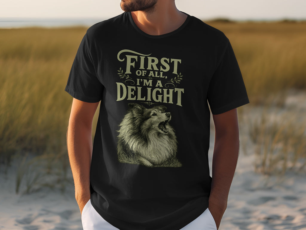 Black t-shirt with "First of all, I'm a Delight" and a dog graphic.