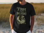 Black t-shirt with "First of all, I'm a Delight" and a dog graphic.