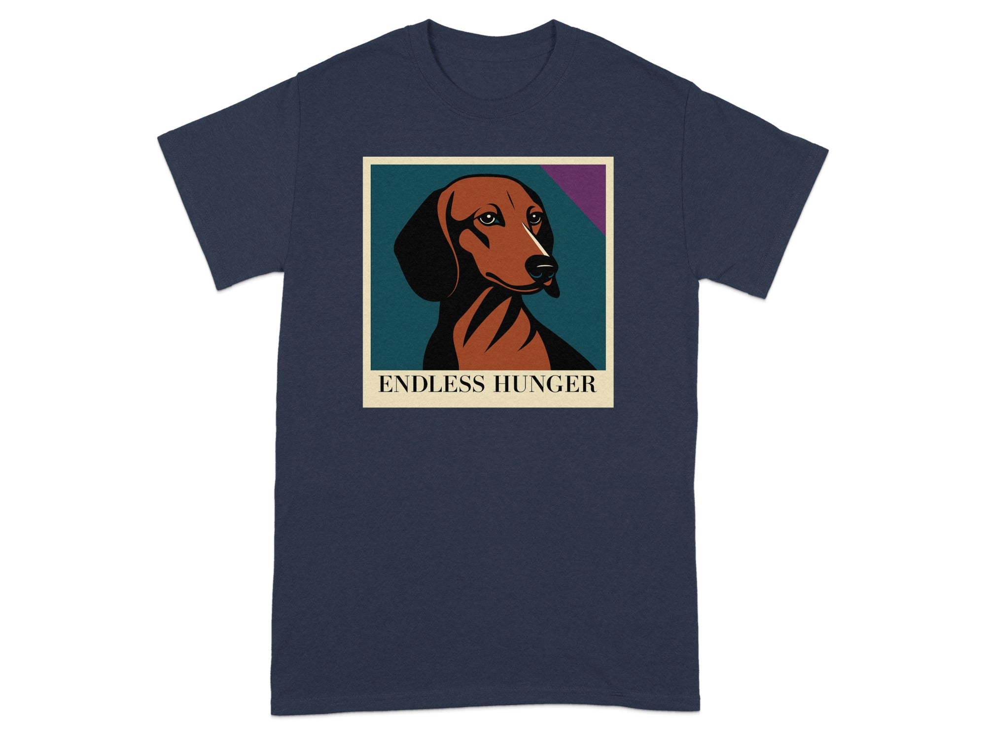 Dark blue t-shirt with a graphic of a dachshund and the text "ENDLESS HUNGER".