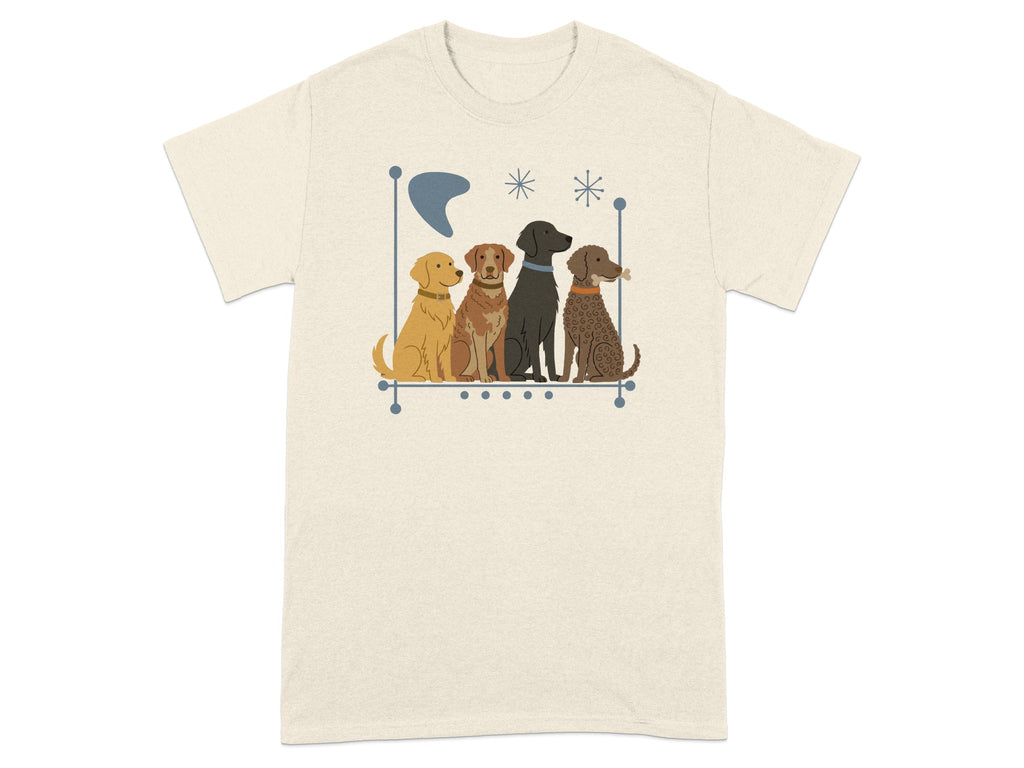 Four dogs in a line on a light beige t-shirt.