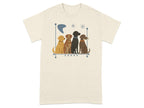Four dogs in a line on a light beige t-shirt.
