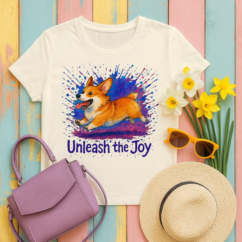 Unleash the Joy Playful Corgi Illustration T-Shirts in Natural