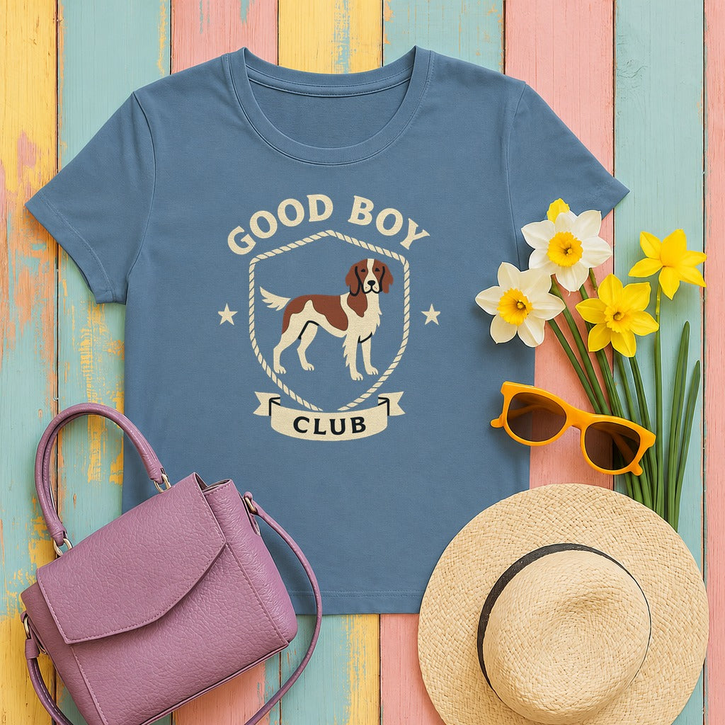 Irish Red and White Setter Good Boy Club Tee in Steel Blue