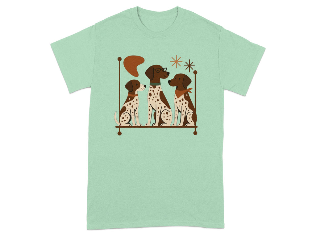 Three dogs, one with glasses, sitting on a shelf with decorative elements.