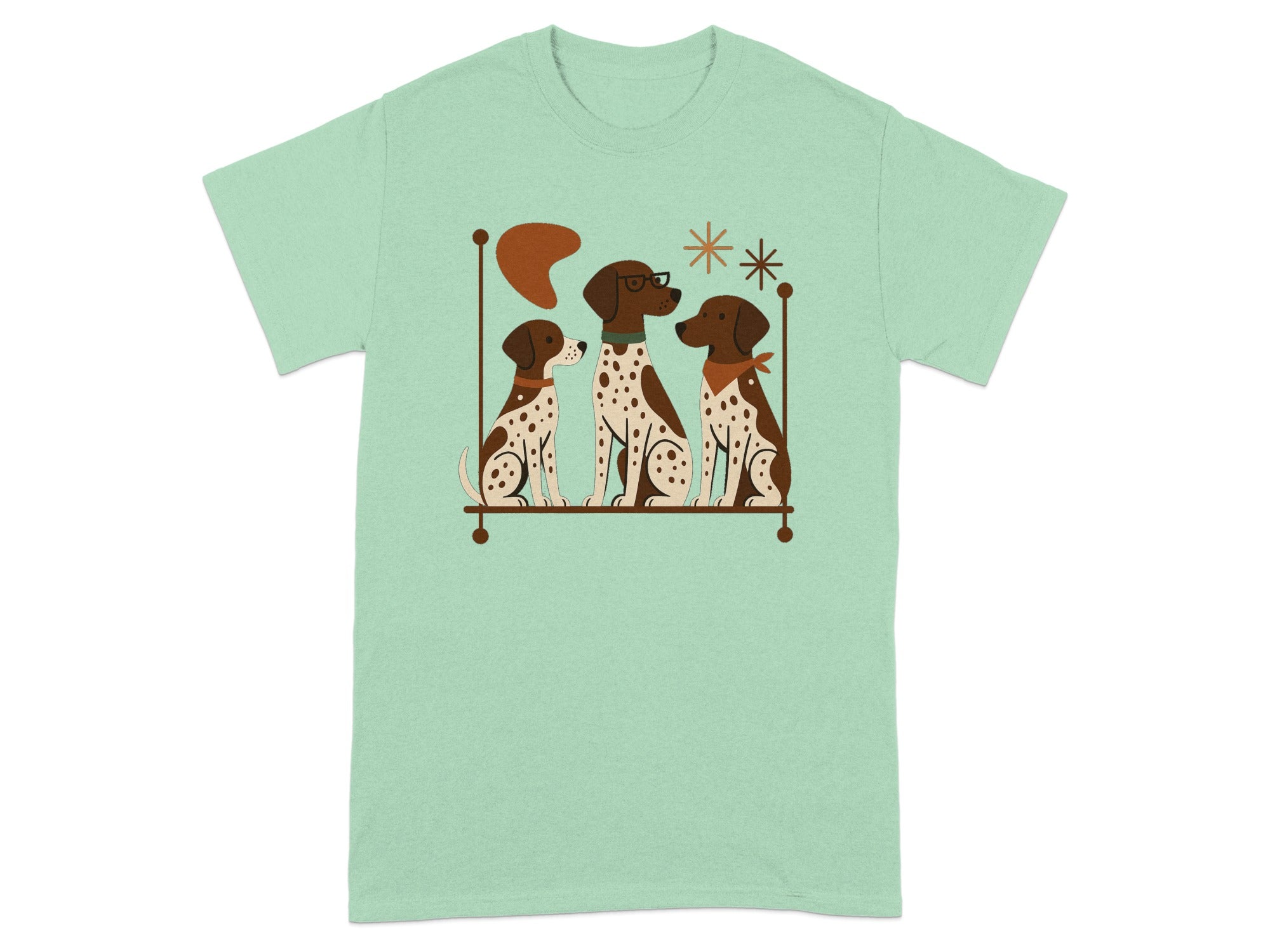 Three dogs, one with glasses, sitting on a shelf with decorative elements.