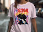 Pink t-shirt with black lab holding a striped sock in its mouth.