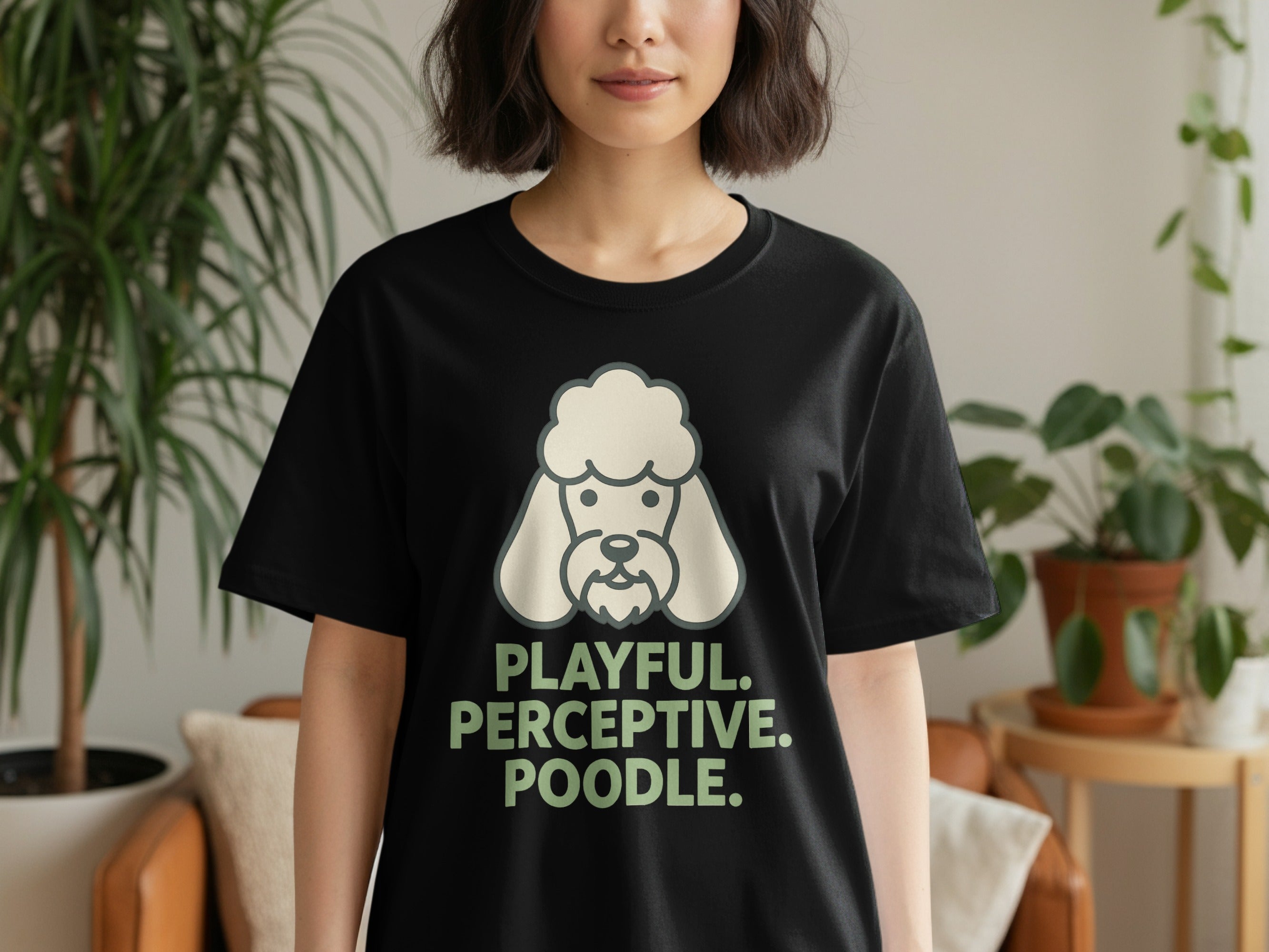 Black t-shirt with a cartoon poodle graphic and text "PLAYFUL. PERCEPTIVE. POODLE."