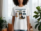 White t-shirt with "Australian Shepherd Logic" and a cartoon dog in a flowchart.