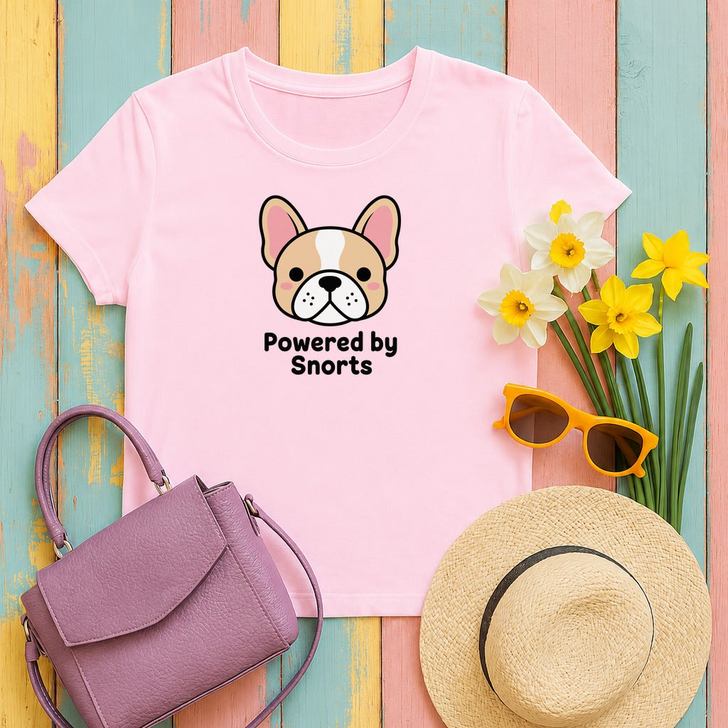 Powered By Snorts Cute French Bulldog T-Shirt in Light Pink
