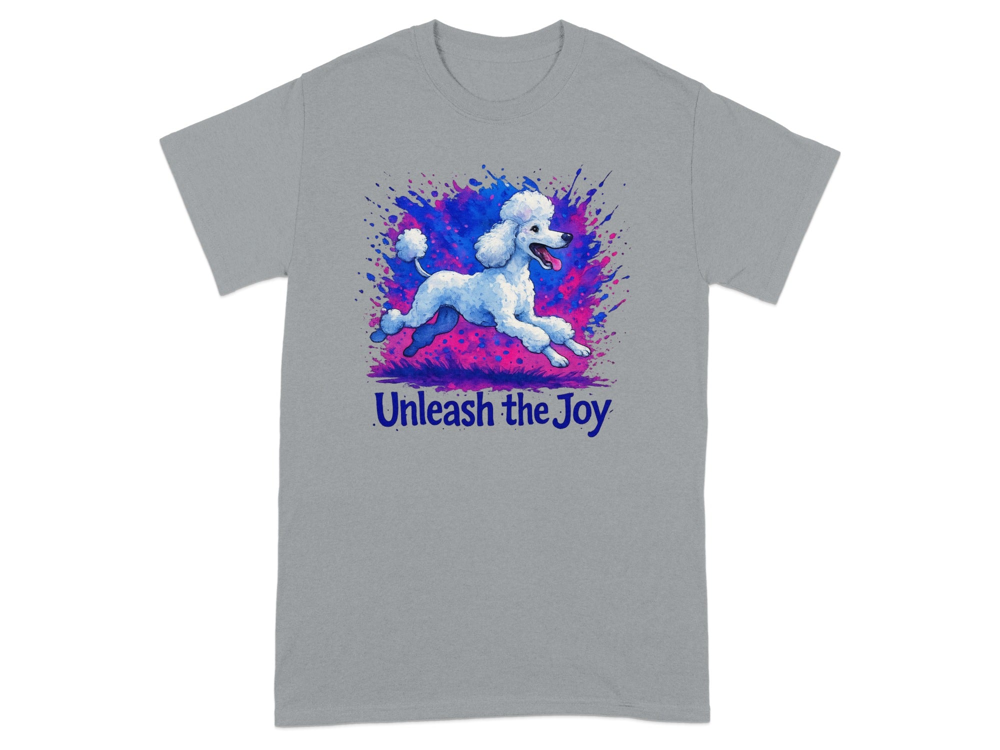 Grey t-shirt with a leaping white poodle illustration and the text "Unleash the Joy".
