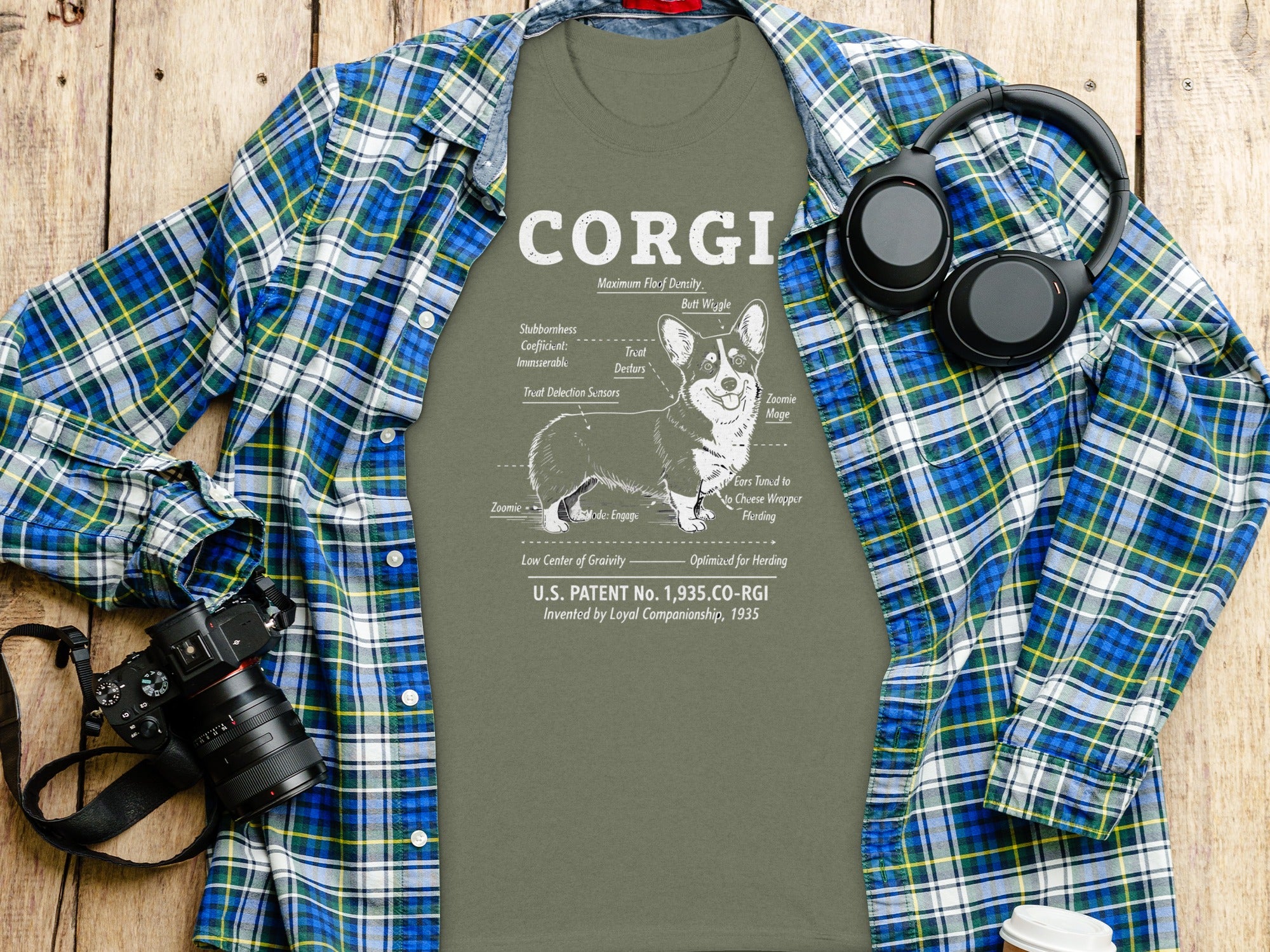 Corgi Diagram Graphic Design on Green T-Shirt