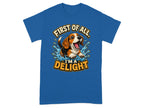 Beagle dog splashing water, saying "First of all, I'm a delight."