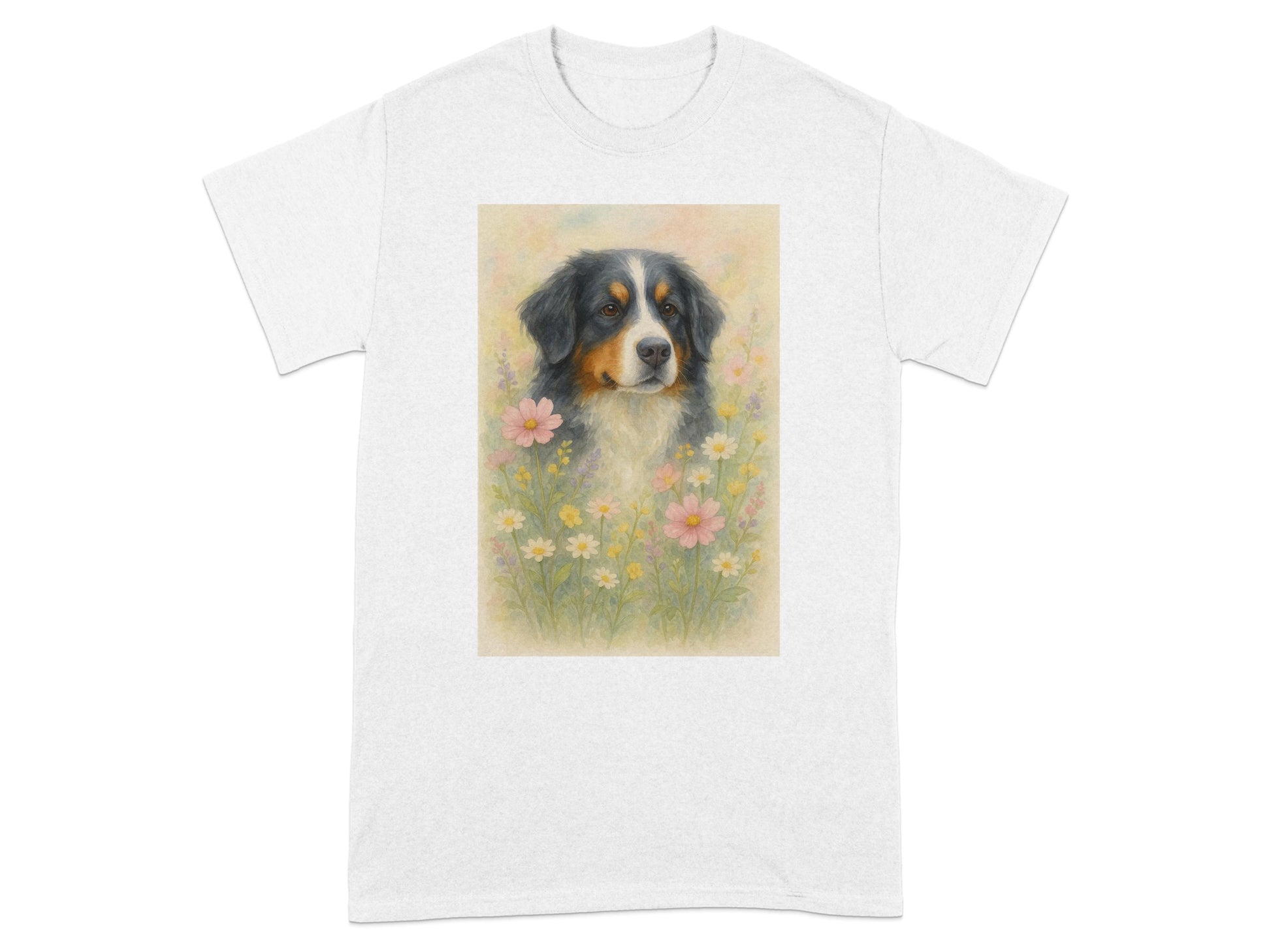 Dog with Flowers Design on White T-Shirt product type