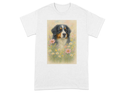 Dog with Flowers Design on White T-Shirt product type