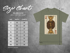 Gildan 5000 t-shirt size chart with queen chihuahua graphic and width/length measurements.