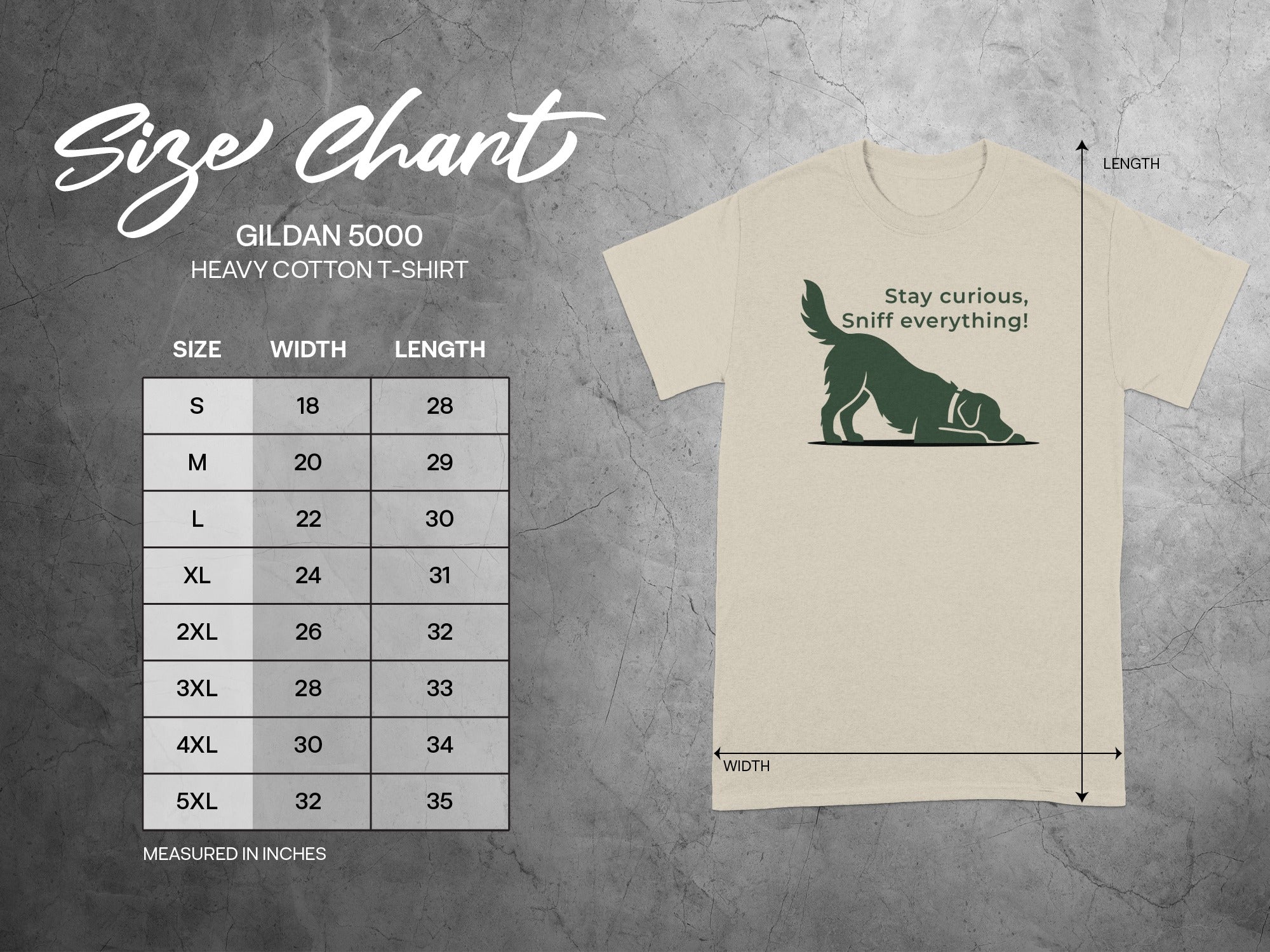Gildan 5000 size chart for heavy cotton t-shirt with dog graphic.