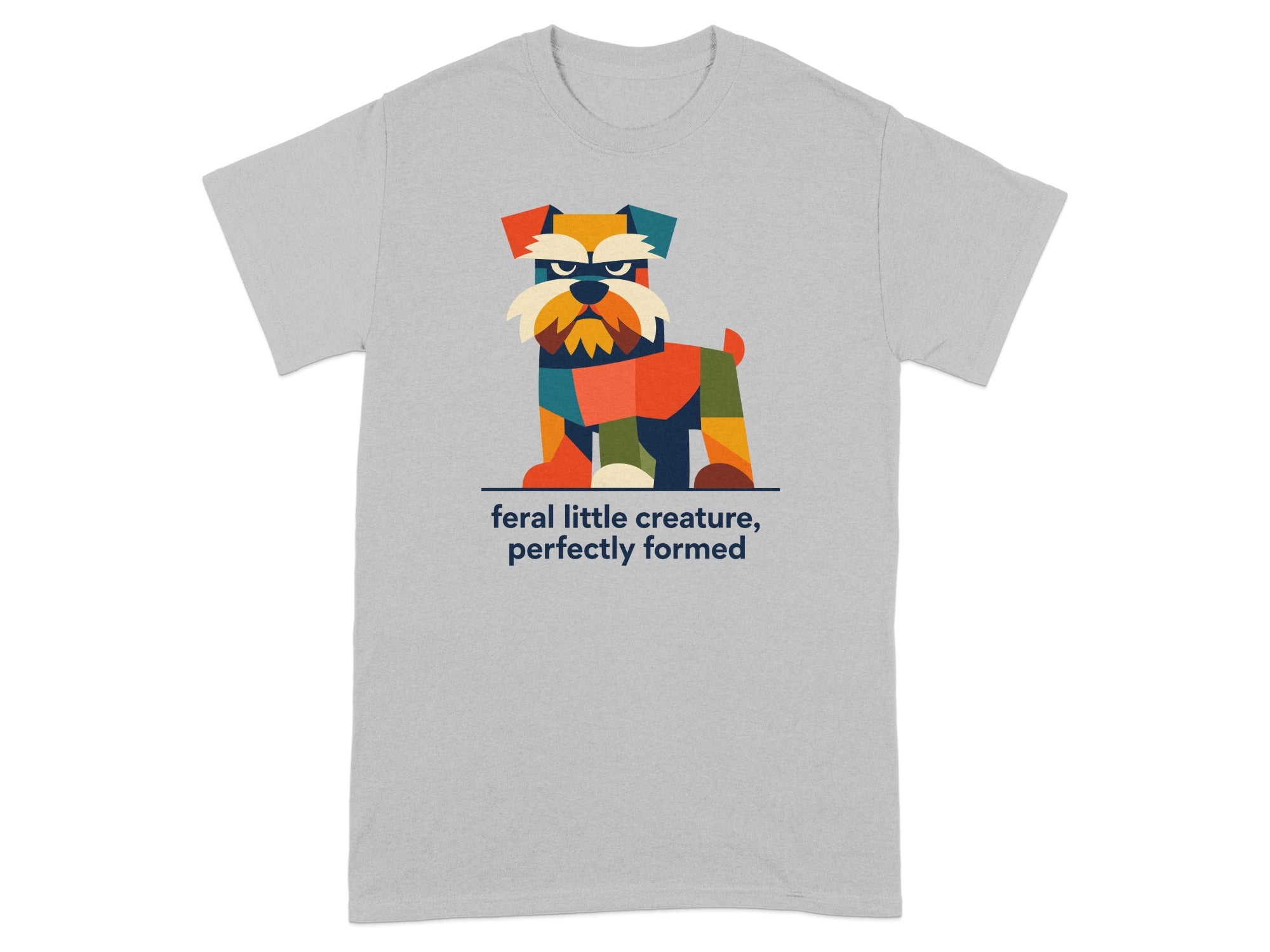 Gray t-shirt with geometric dog and text "feral little creature, perfectly formed".