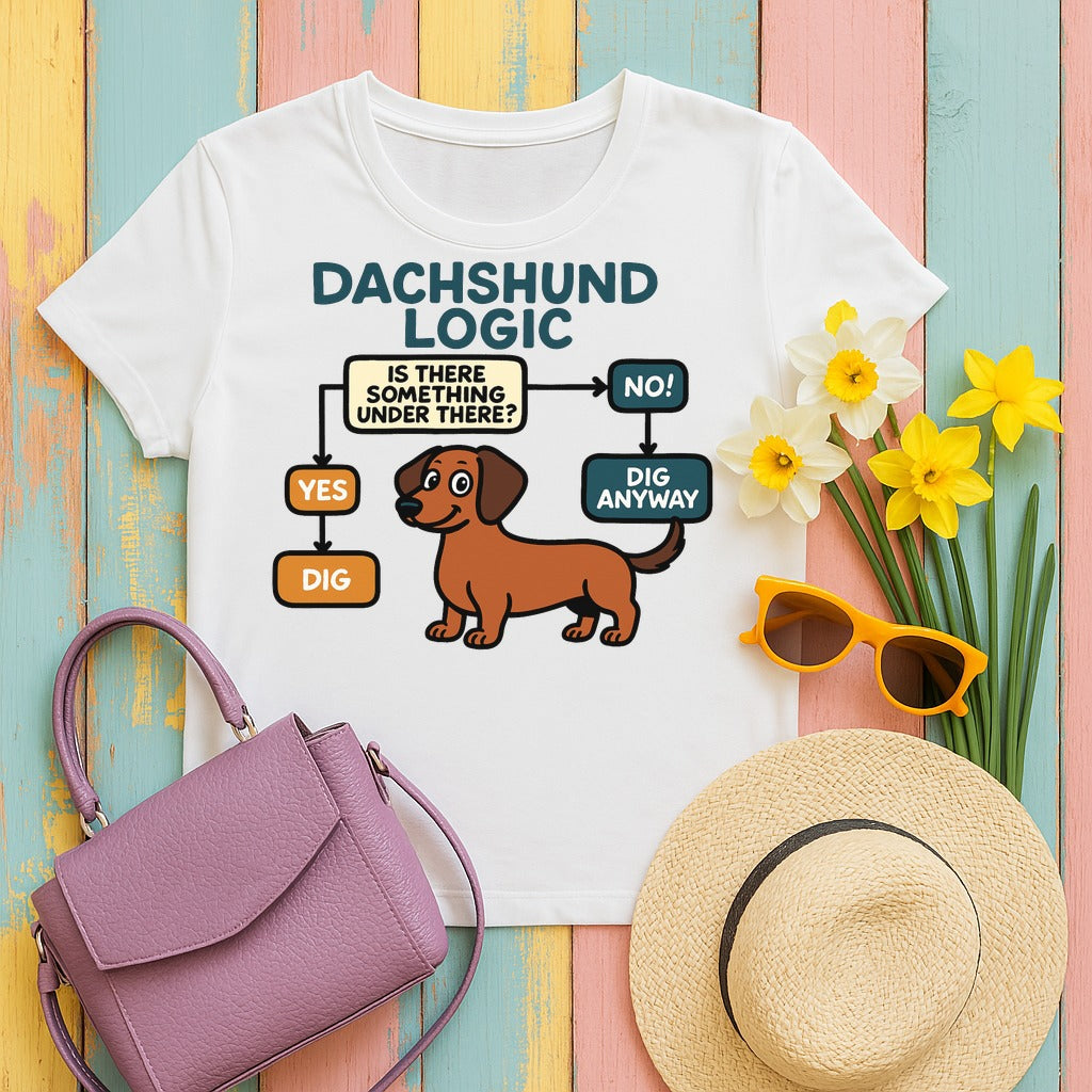 Dachshund Logic Flowchart T-shirt flat lay on white