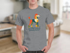 Grey t-shirt displaying a colorful, geometric poodle illustration with text.