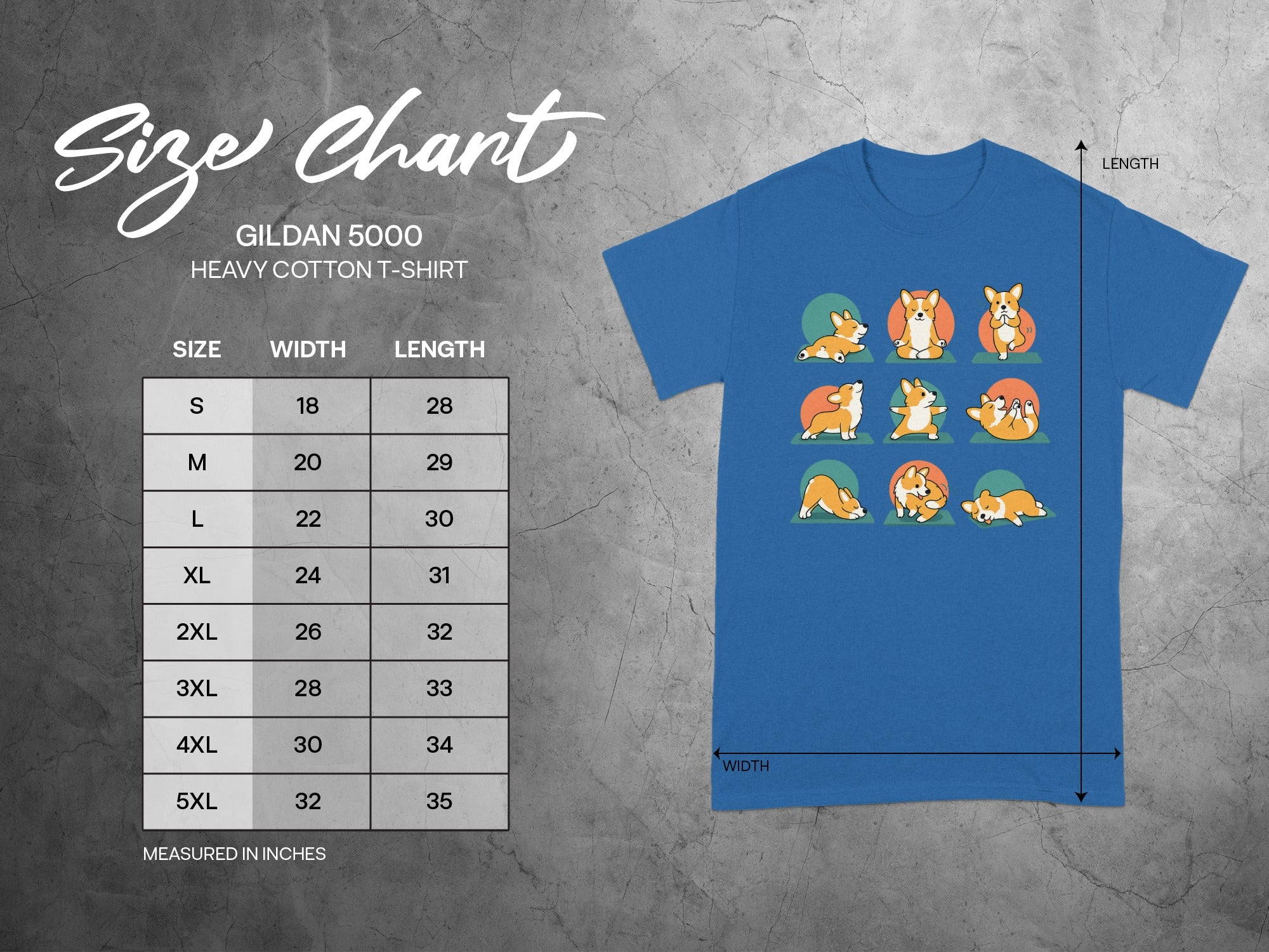 Size chart for Gildan 5000 Heavy Cotton T-Shirt with corgi yoga graphics.
