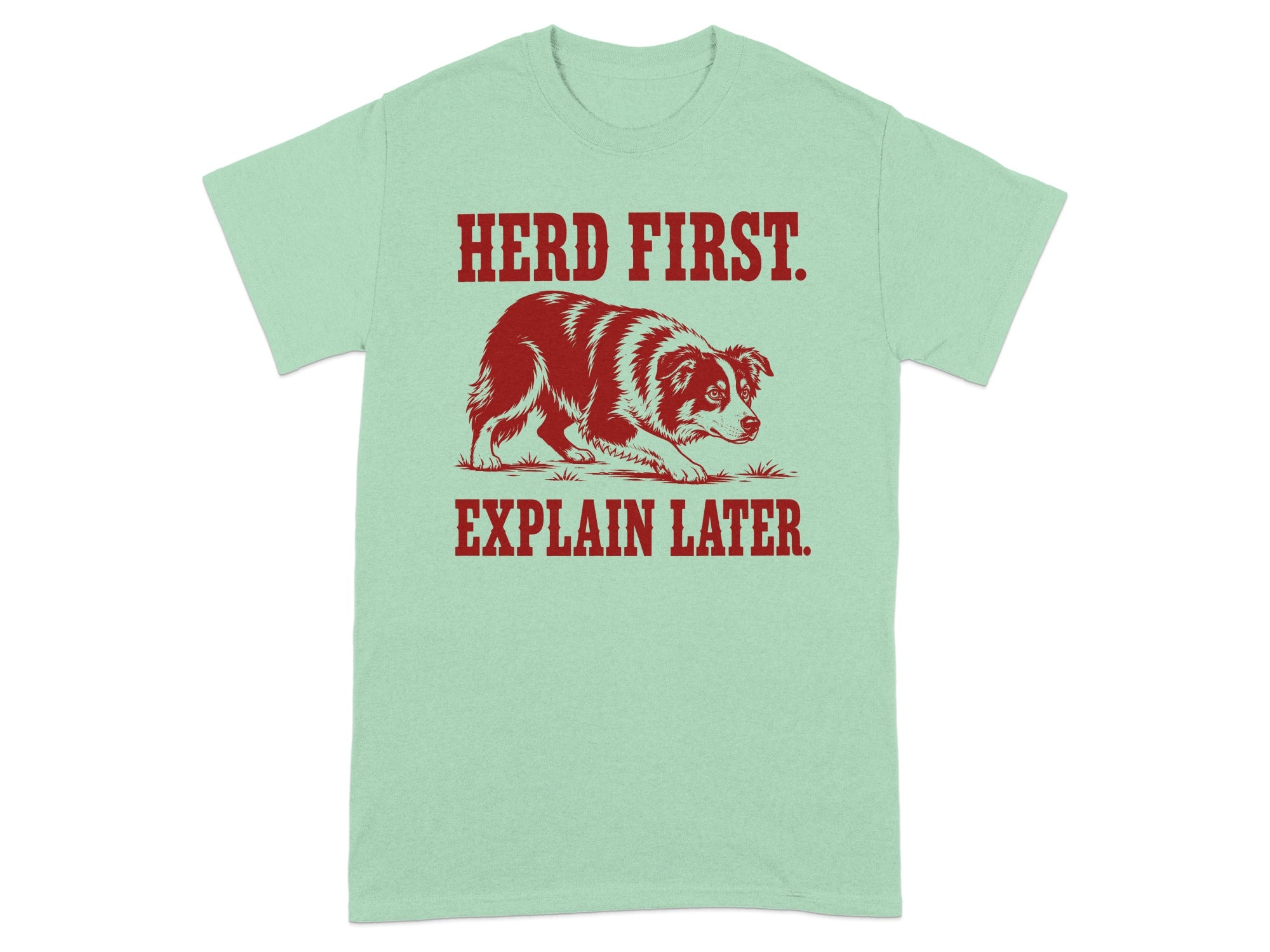 Mint green t-shirt with red text "HERD FIRST. EXPLAIN LATER." and dog illustration.