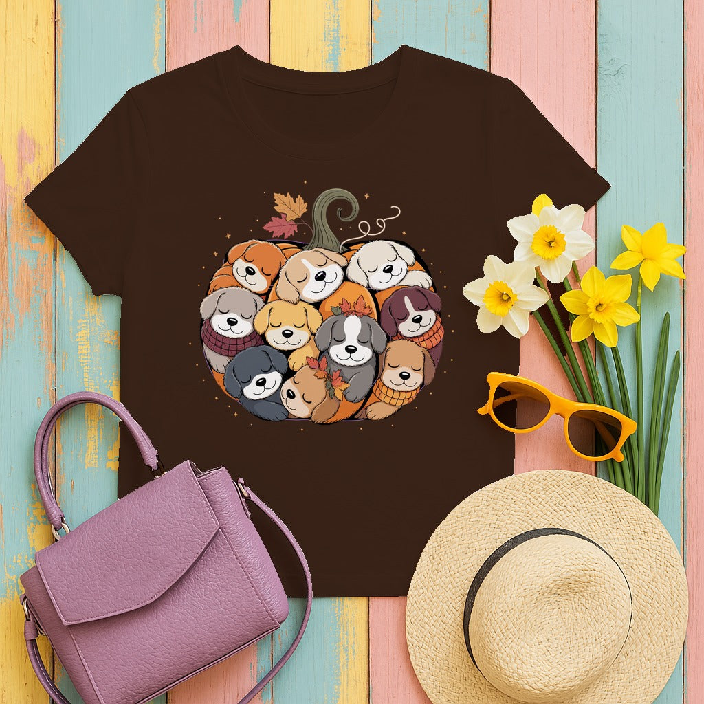 Dogs in Pumpkin Pile Autumn Festive Season Graphic T-Shirt in Dark Chocolate