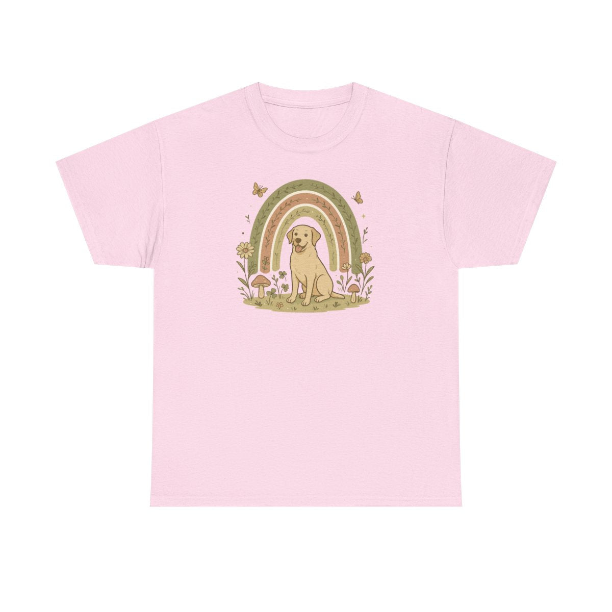 Adorable Labrador in Garden with Rainbow Graphic T-Shirt - Light Pink