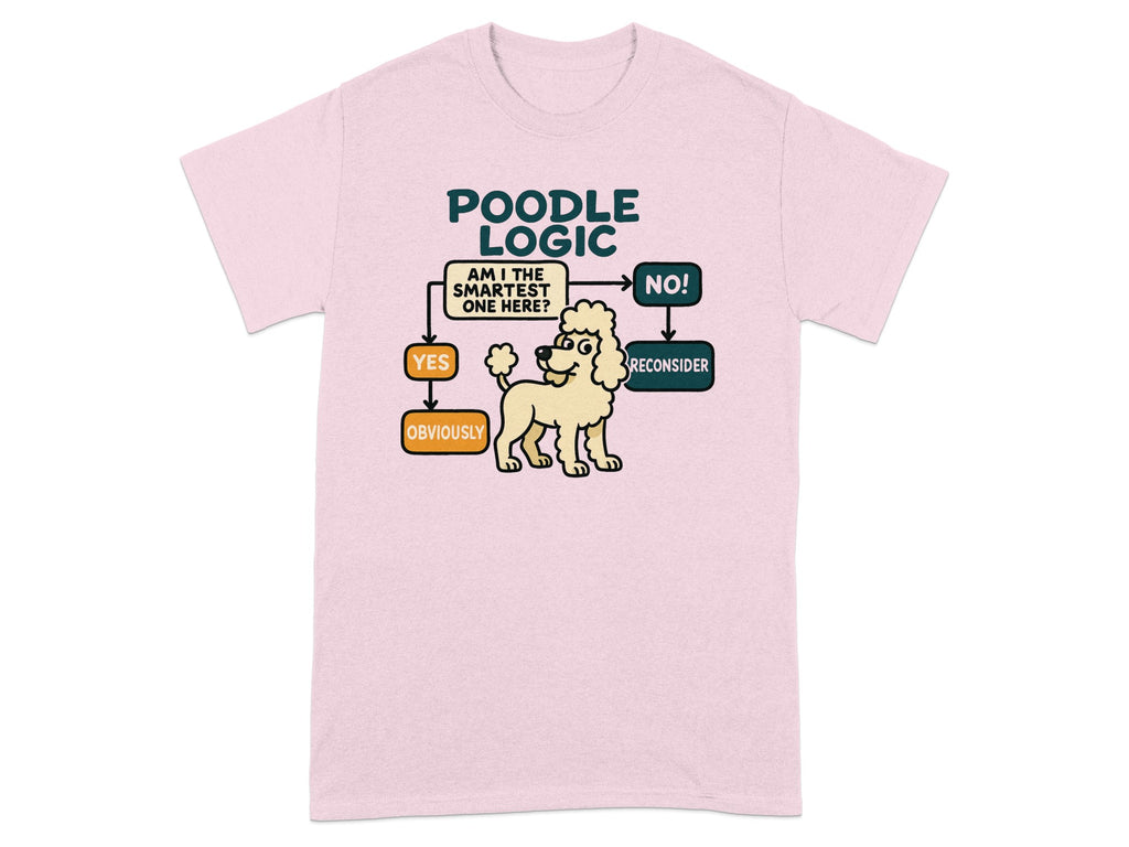 Pink t-shirt with "Poodle Logic" flowchart featuring a poodle.