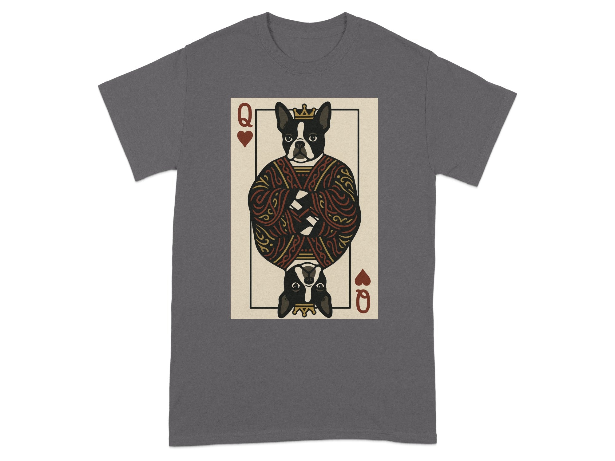 Queen of Hearts playing card with a French Bulldog wearing a crown and robe.