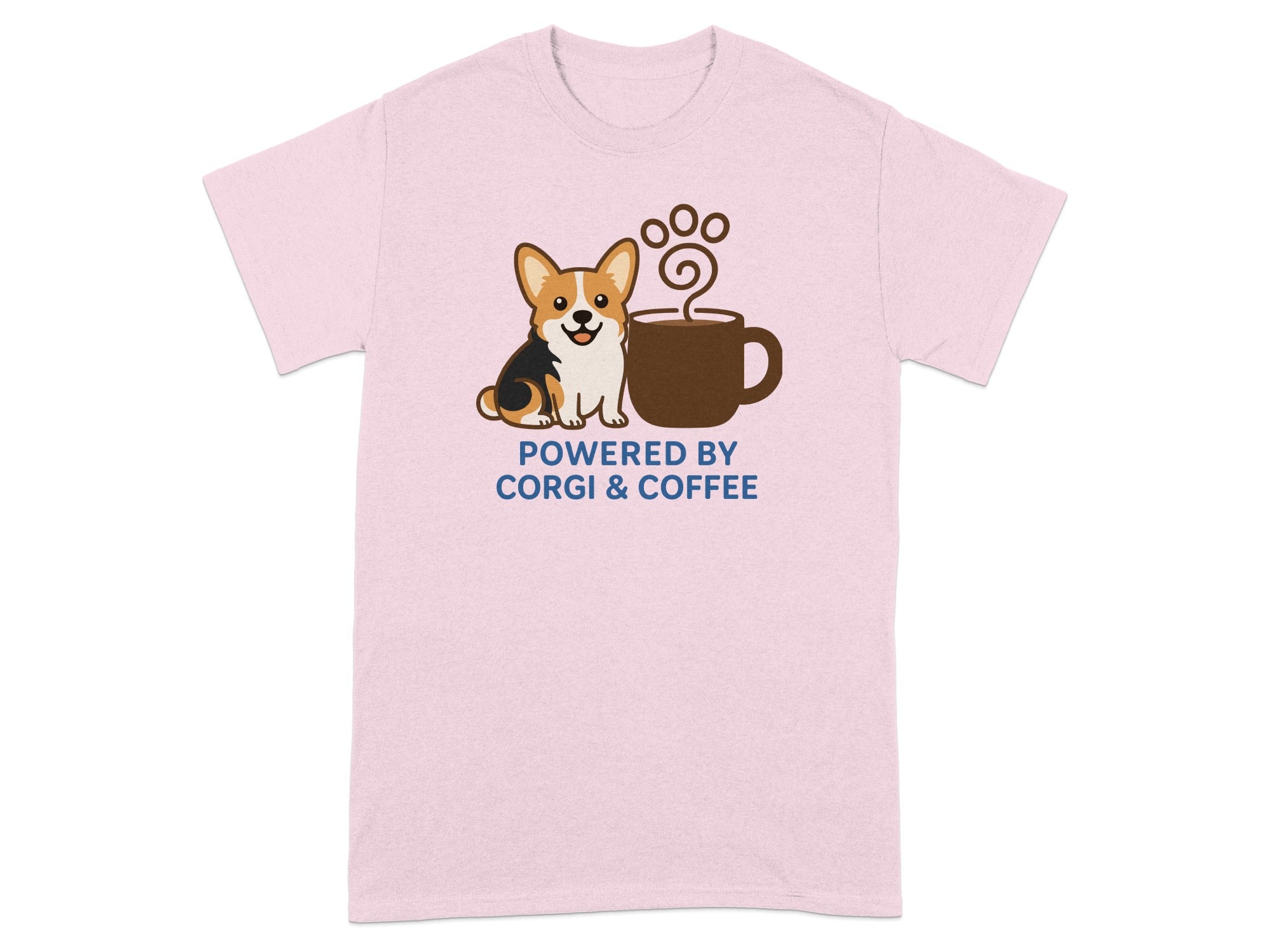 Pink t-shirt with a corgi and coffee cup graphic and text.