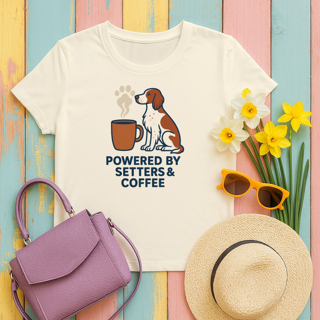Irish Red and White Setter Powered by Setters and Coffee Tee in Natural