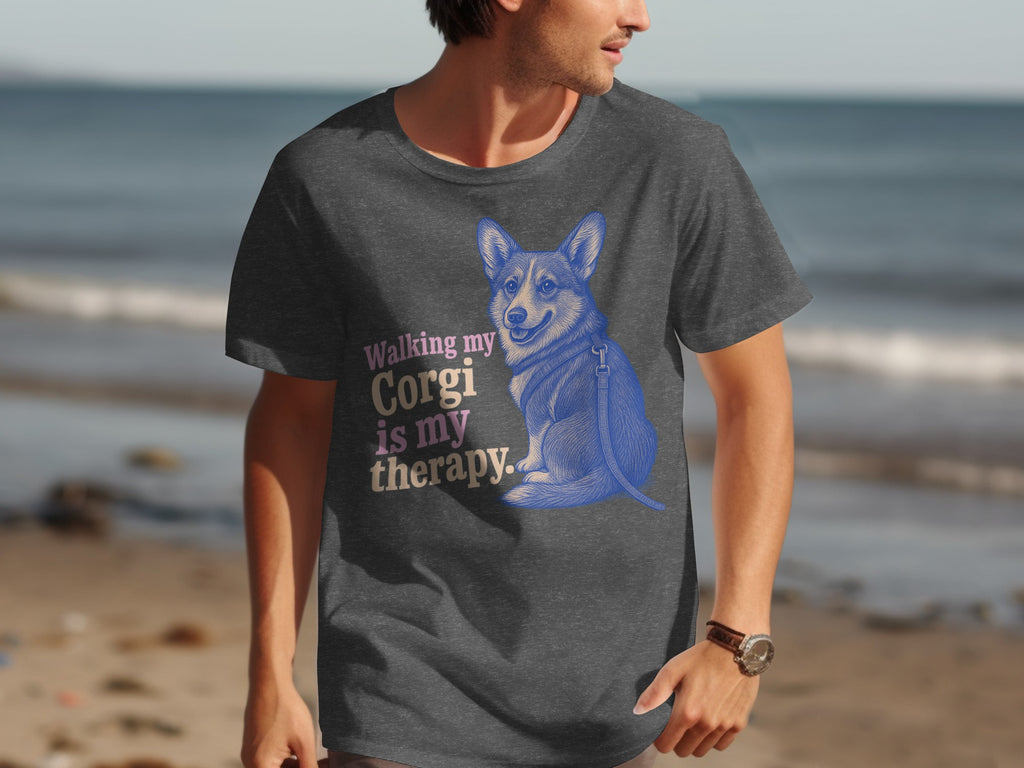 Dark grey t-shirt with blue corgi illustration and text reading "Walking my Corgi is my therapy."