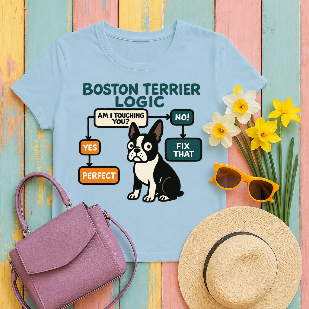Boston Terrier Logic Flowchart T-shirt in Light Blue