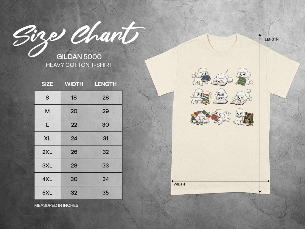 Gildan 5000 t-shirt size chart showing width and length measurements in inches for multiple sizes.