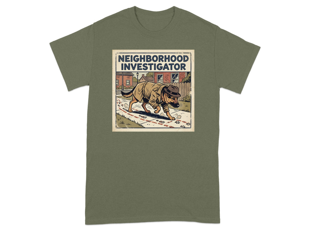 T-shirt with "Neighborhood Investigator" text and dog in fedora and trench coat.