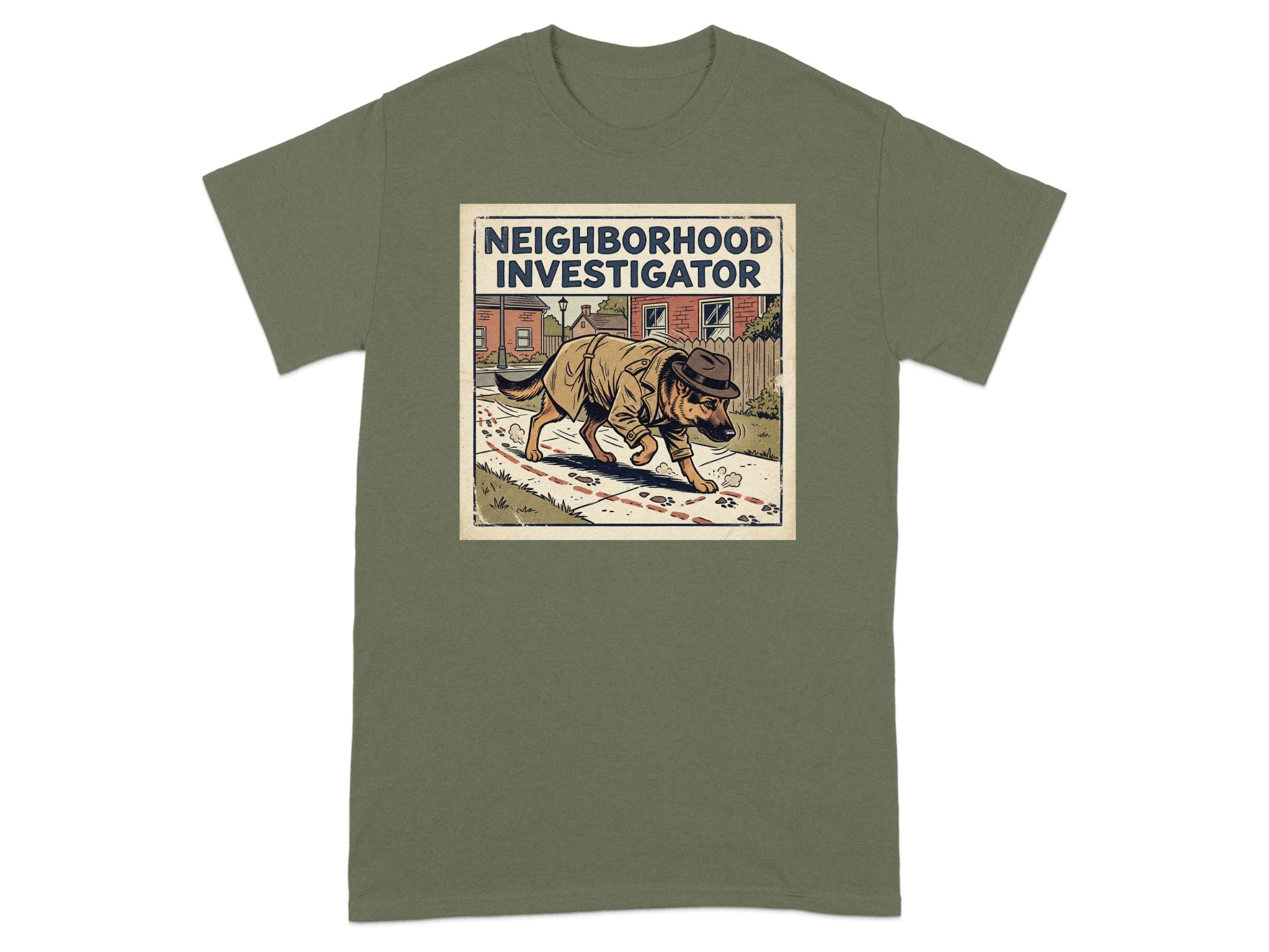 T-shirt with "Neighborhood Investigator" text and dog in fedora and trench coat.