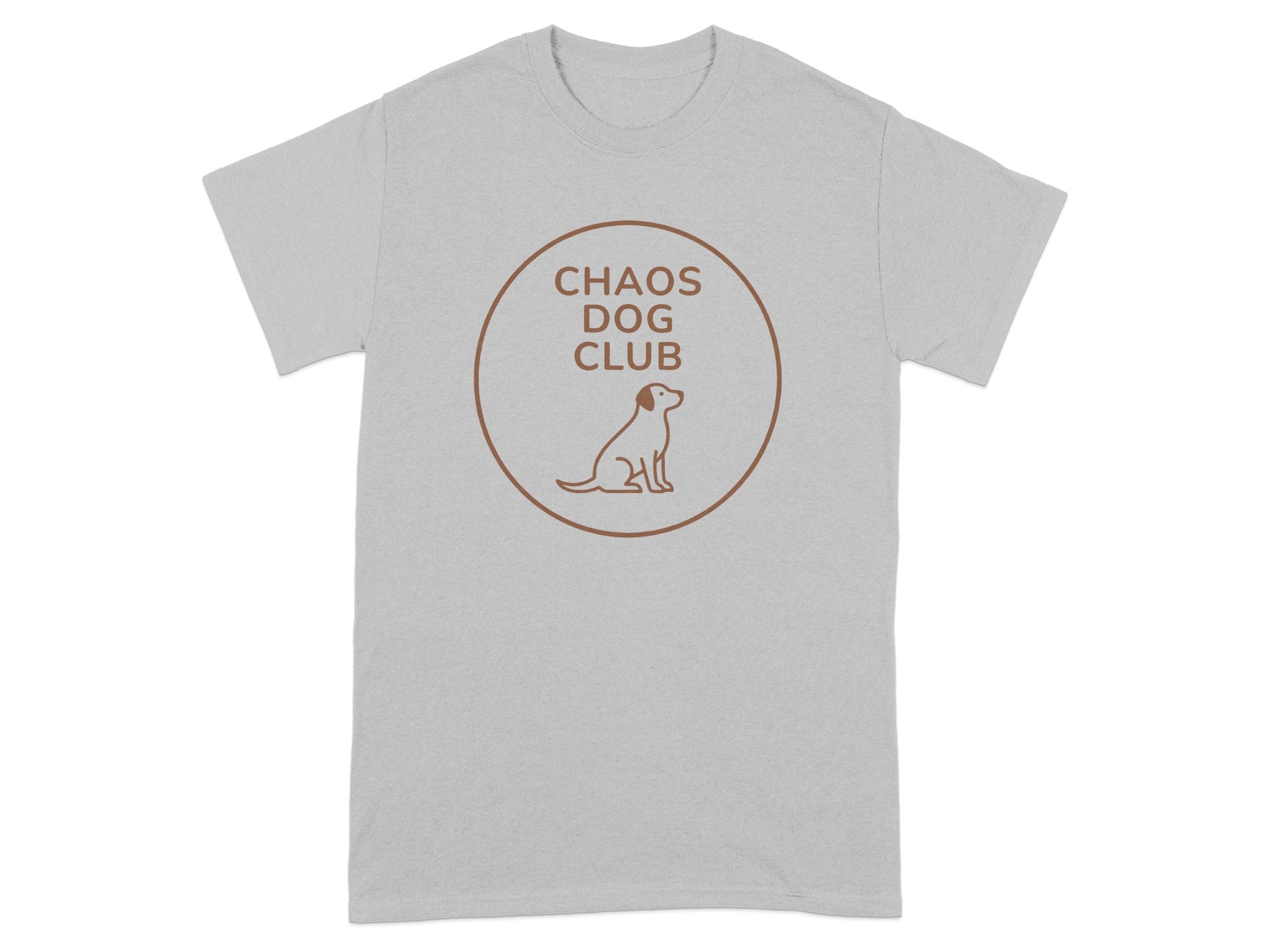 Grey t-shirt with "Chaos Dog Club" text and a dog silhouette inside a circle.