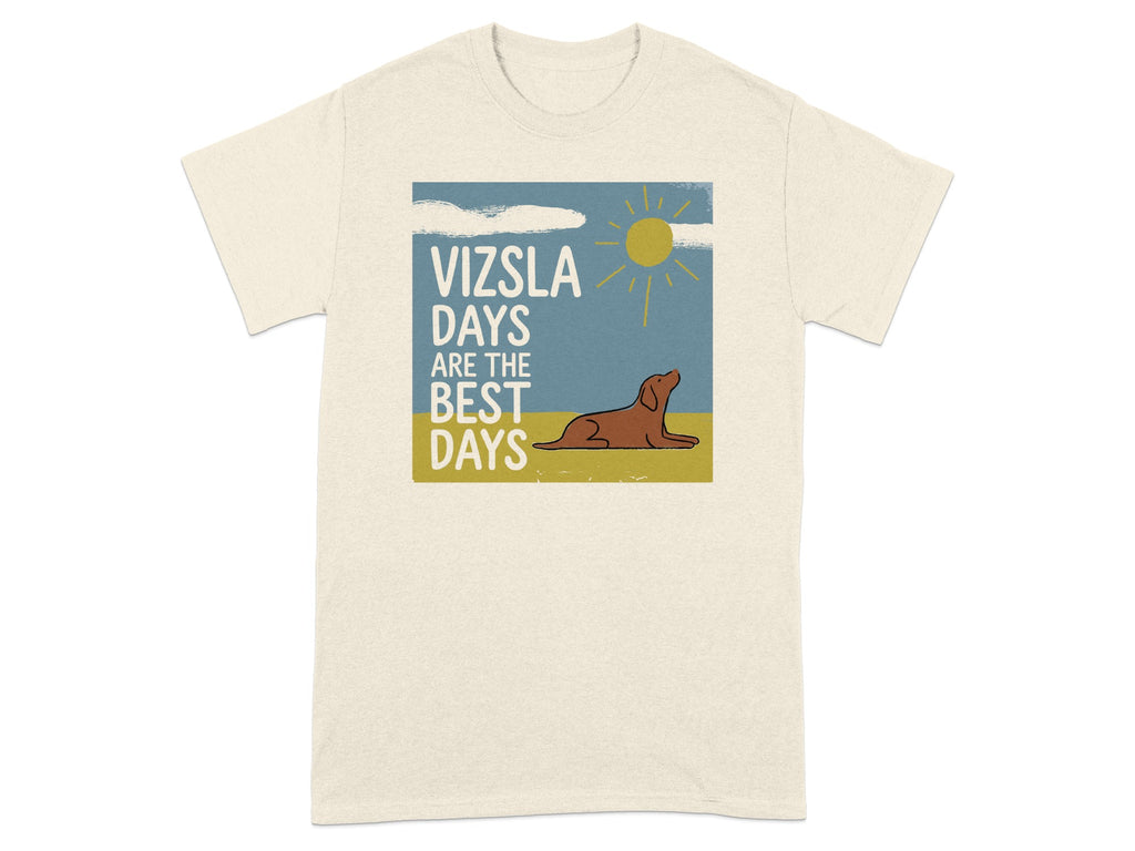 Vizsla dog relaxing under a sun in a cartoon illustration on a t-shirt.
