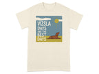 Vizsla dog relaxing under a sun in a cartoon illustration on a t-shirt.