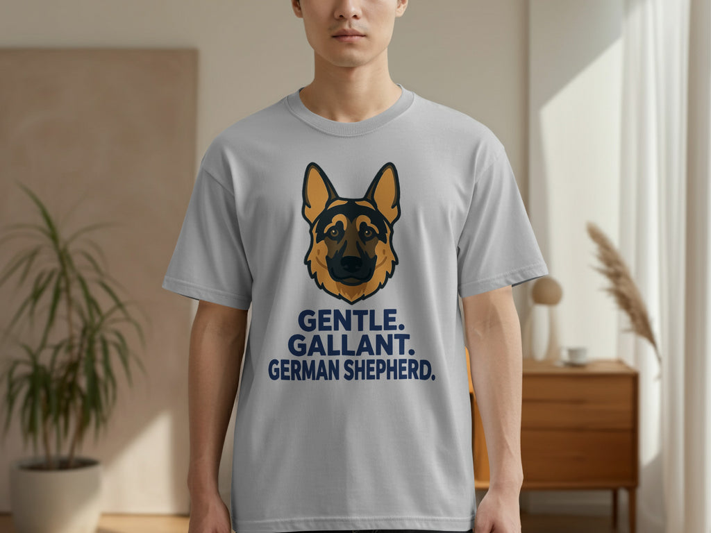 Grey t-shirt with a German Shepherd's head and "GENTLE. GALLANT. GERMAN SHEPHERD." text.