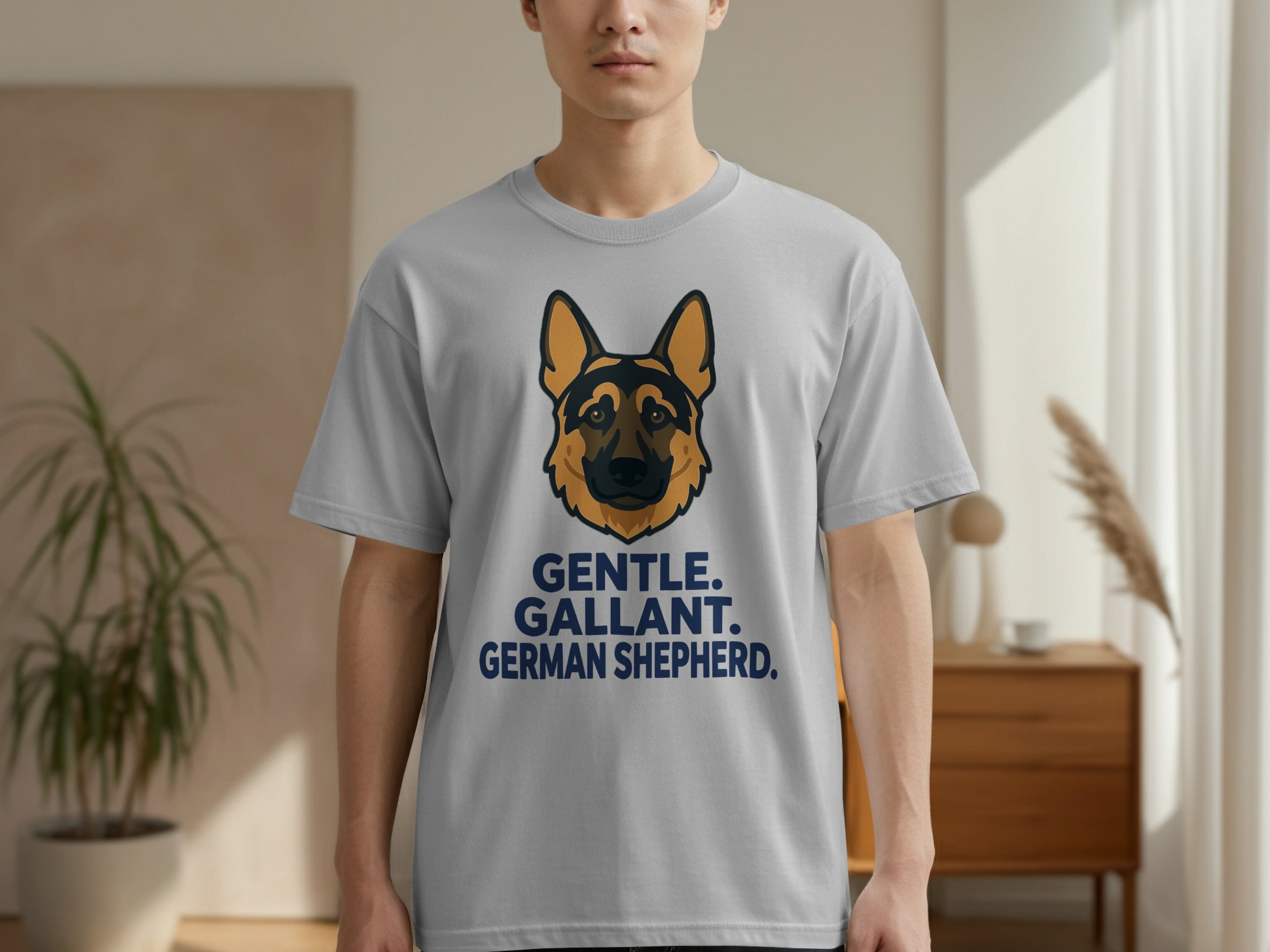 Grey t-shirt with a German Shepherd's head and "GENTLE. GALLANT. GERMAN SHEPHERD." text.