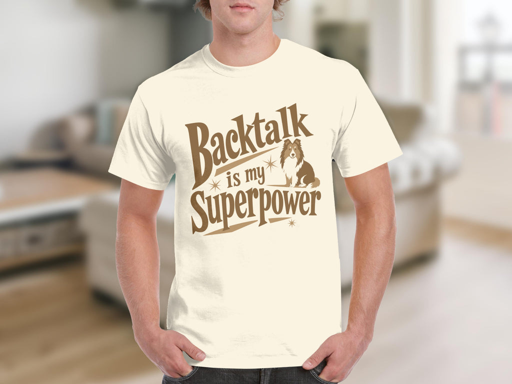Cream t-shirt with "Backtalk is my Superpower" and a dog graphic.