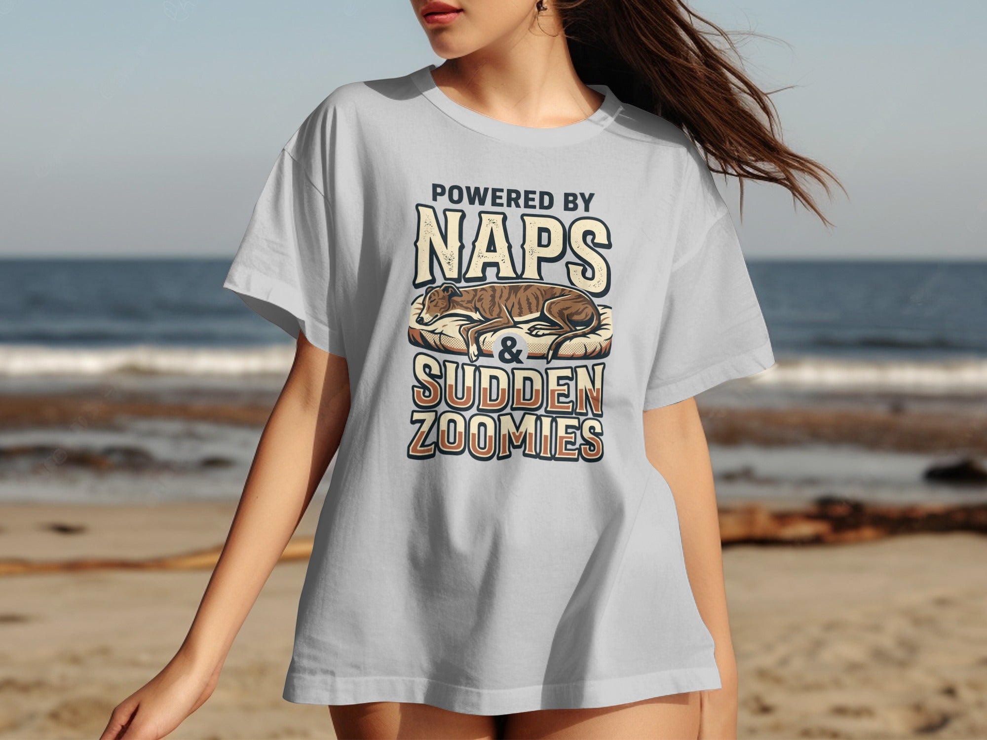 Light grey t-shirt with "POWERED BY NAPS & SUDDEN ZOOMIES" and a dog napping.