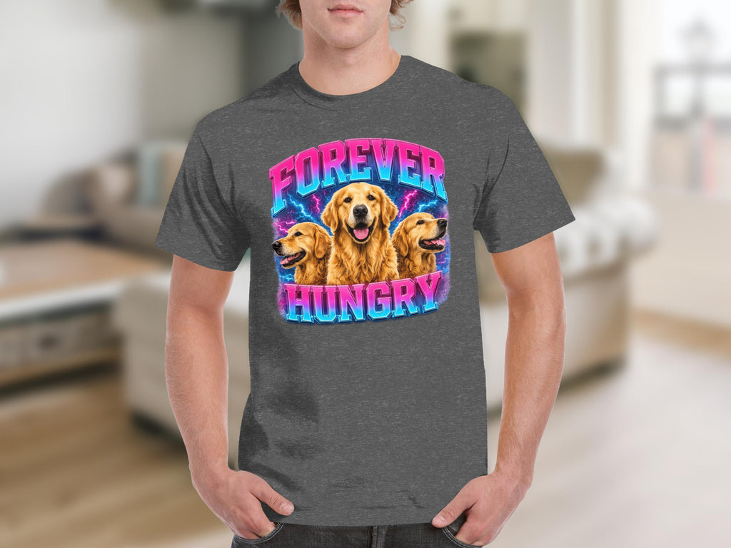 T-shirt with three golden retrievers and "FOREVER HUNGRY" text.