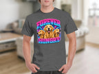 T-shirt with three golden retrievers and "FOREVER HUNGRY" text.