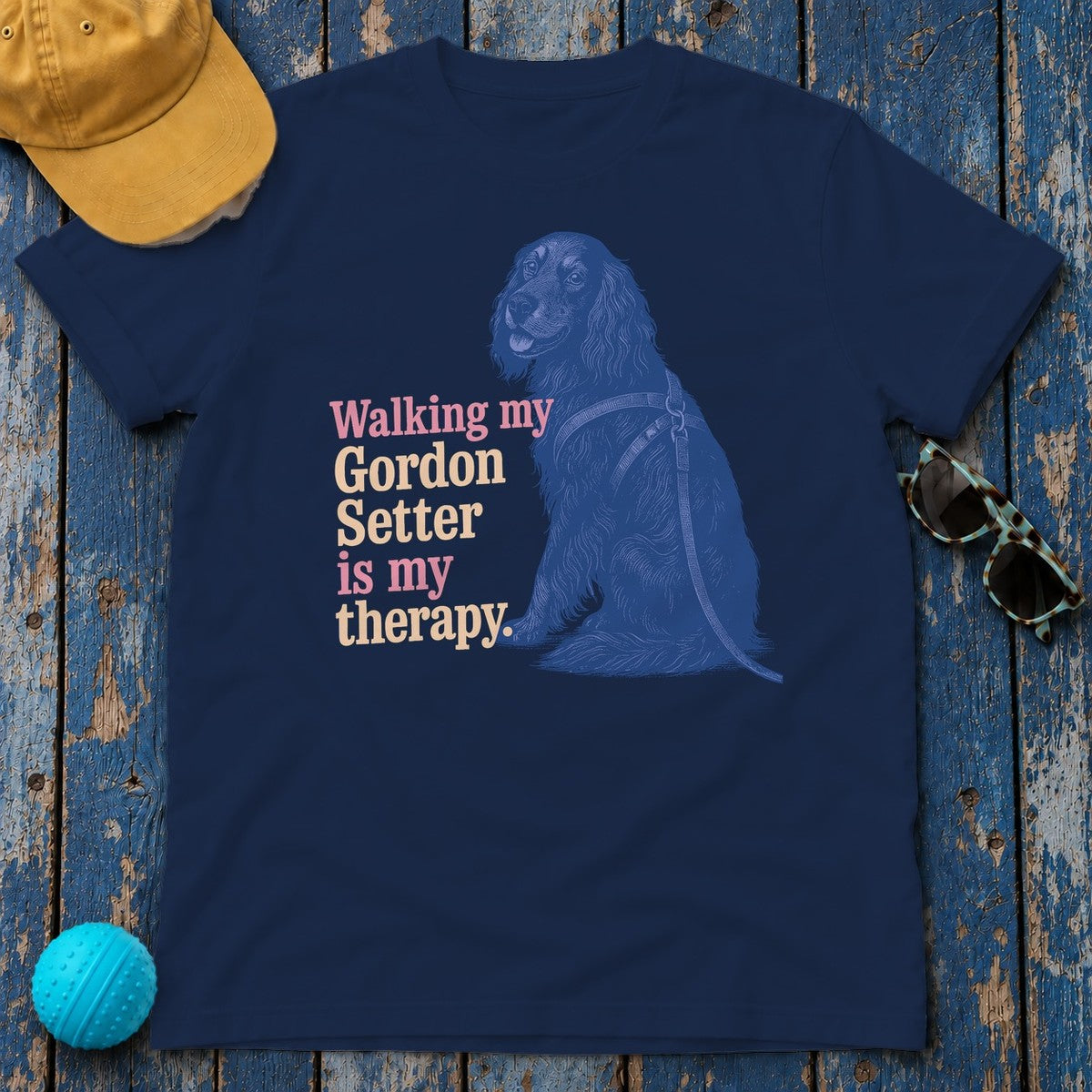 Gordon Setter Therapy Vintage Art T-Shirt in Navy