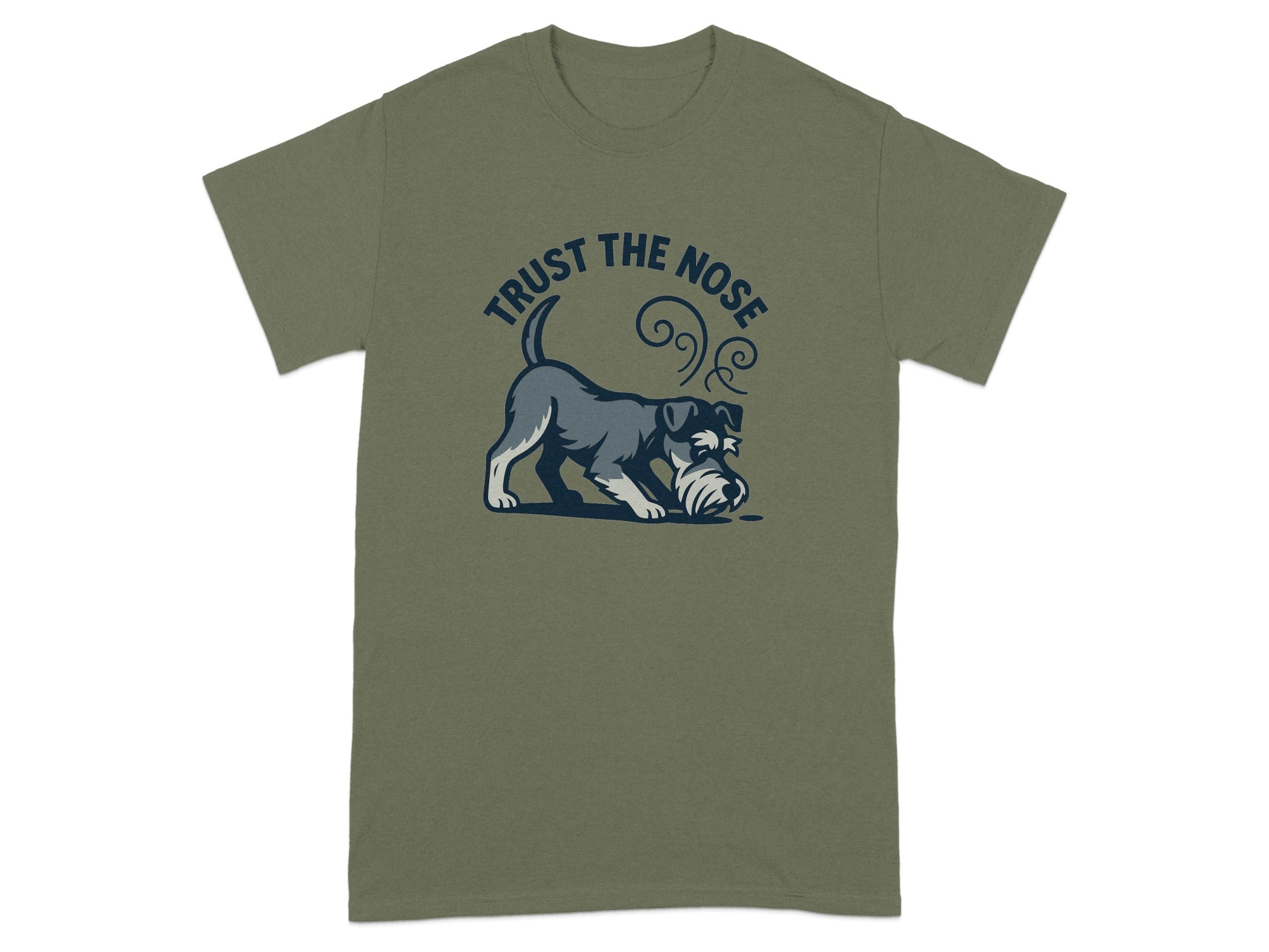 Green t-shirt with a schnauzer and "TRUST THE NOSE" text.