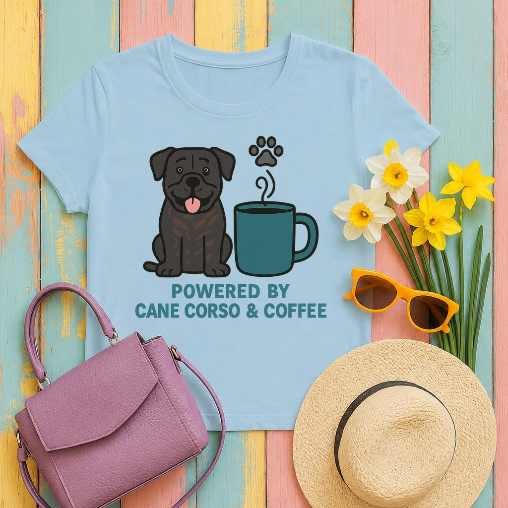 Powered by Cane Corso & Coffee Tee in Light Blue