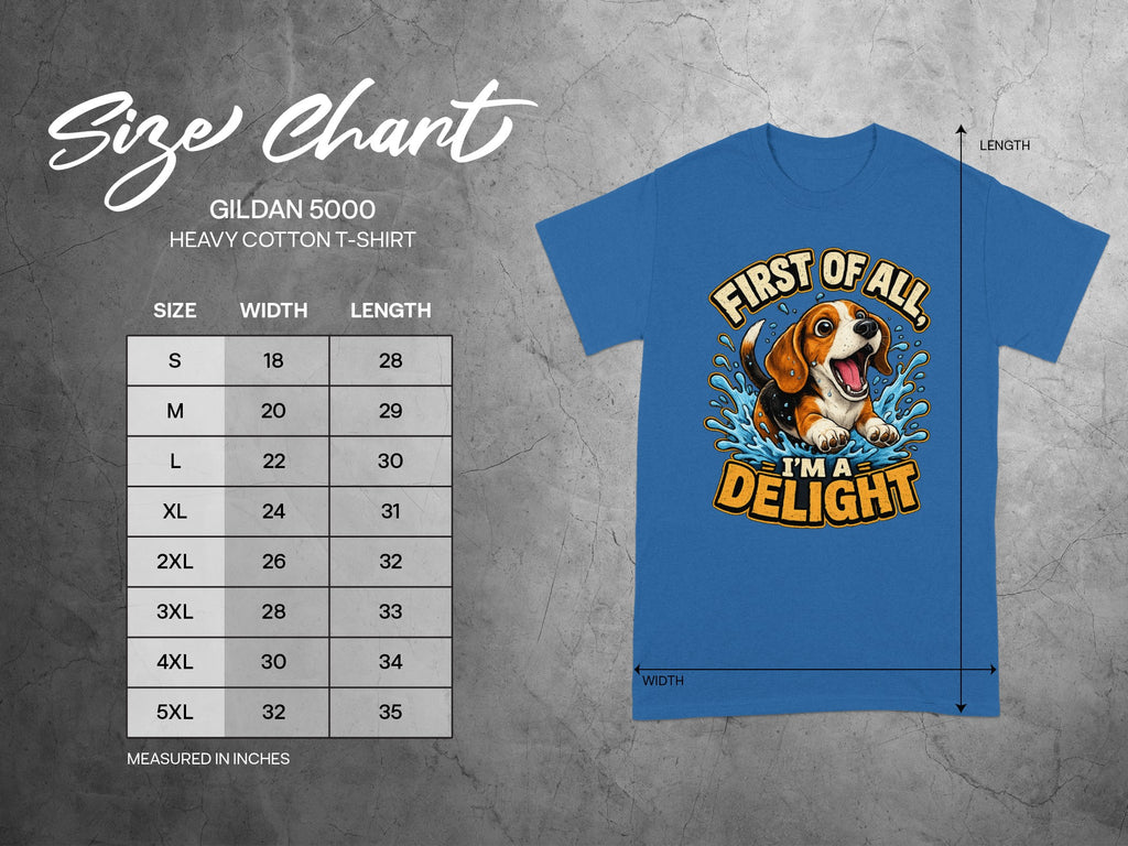 Gildan 5000 Heavy Cotton T-Shirt size chart with dog graphic.