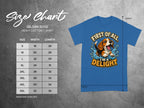 Gildan 5000 Heavy Cotton T-Shirt size chart with dog graphic.